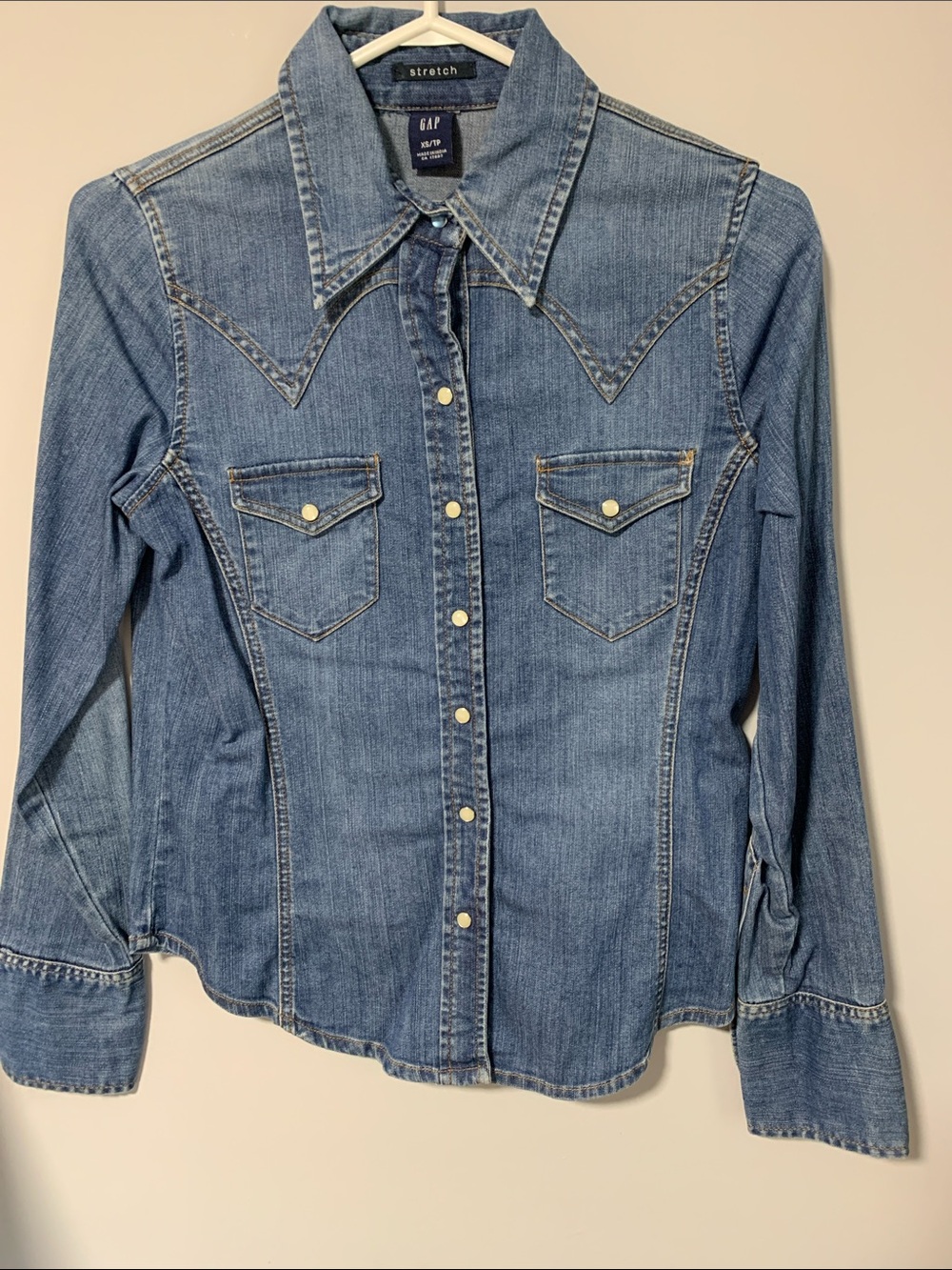 GAP Blue Stretch Denim Snap Shirt